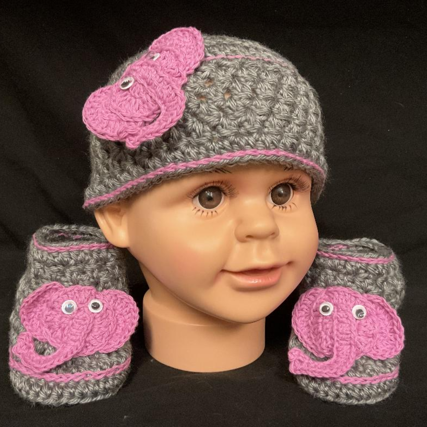 Lavender Pink Elephant and Gray  Baby/Toddler Beanie and Booties (Includes $2 Discount Shipping)